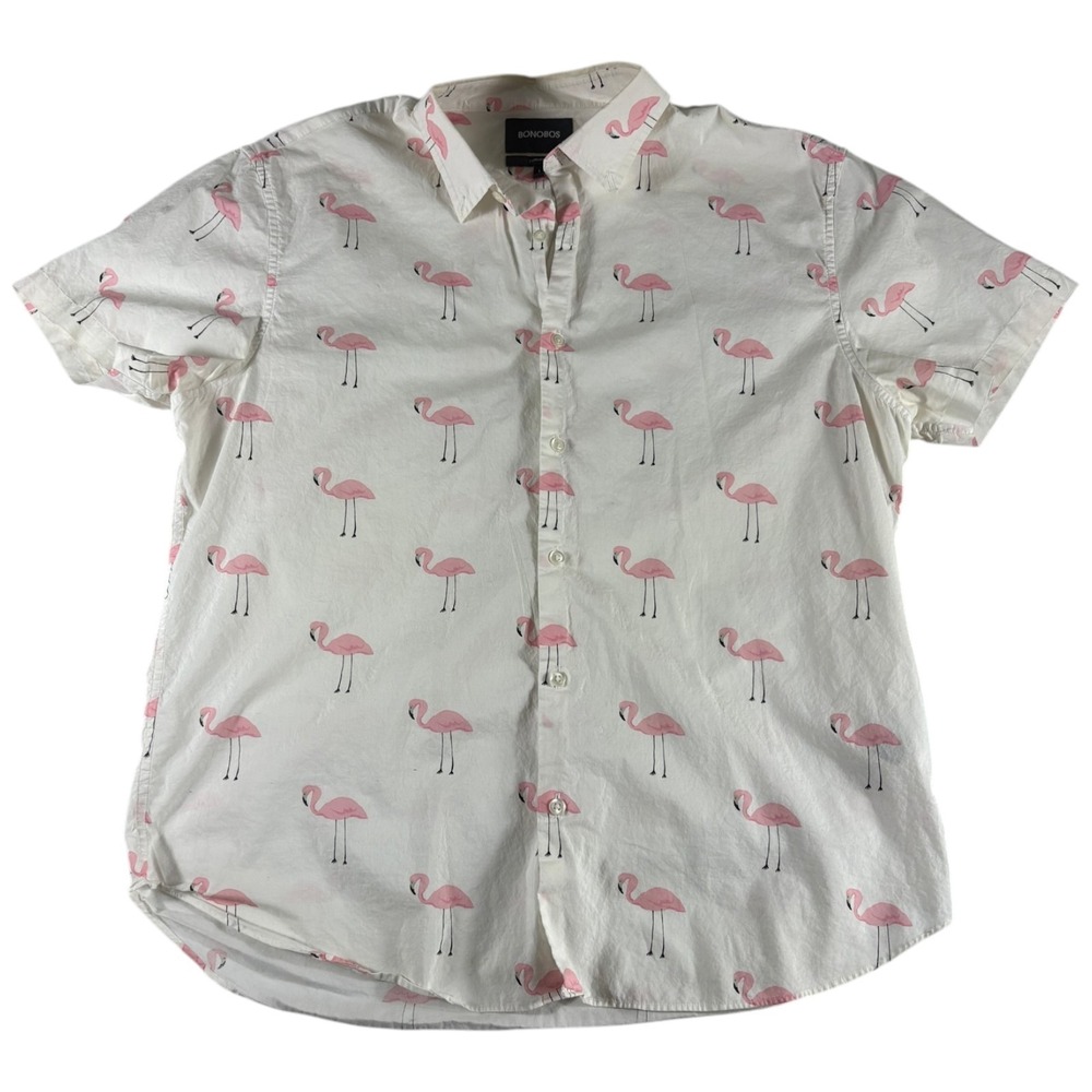 Bonobos Standard Fit Shirt Mens Large Beige Flamingo Print Button Down Beach